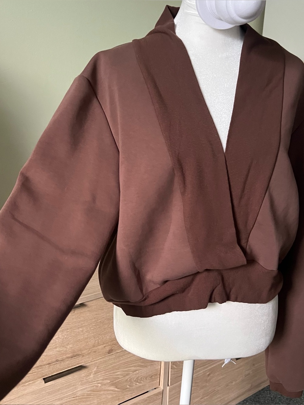 Brown V-Neck Plunge Shrug Style Long-sleeve Cozy Sweater Sweatshirt Loungewear L - Picture 4 of 16